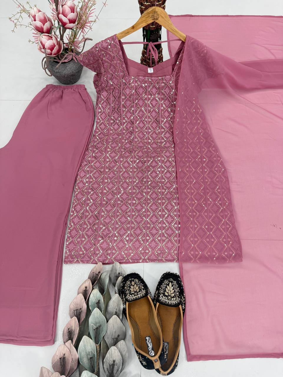 NEW DESIGNER HEAVY FUAX GEORGETTE SHARARA SUIT SET