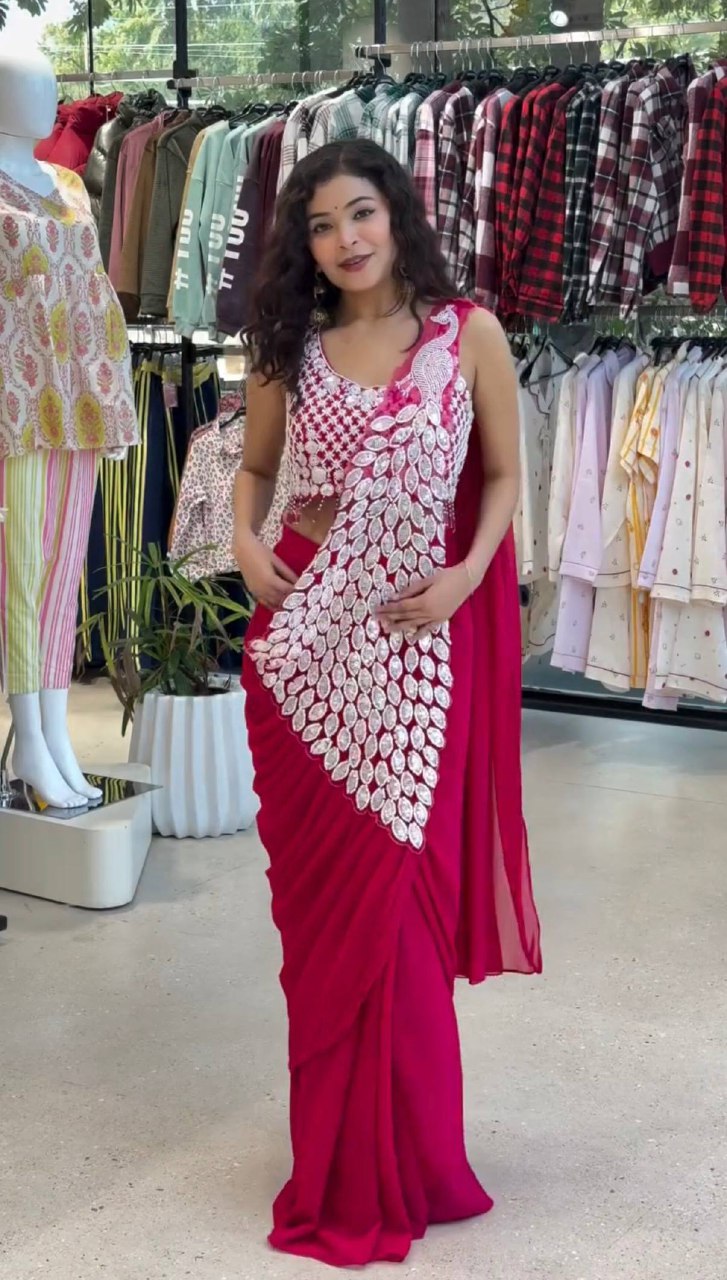New Superhit Trending Faux Georgette Ready to Wear Saree with Fully Embroidered Stylish Blouse - Fully Stitched