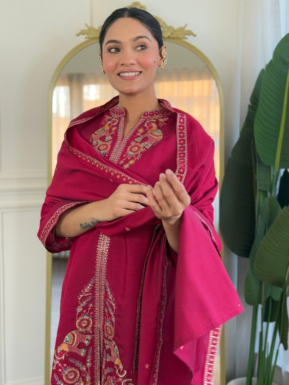 Stylish PV Chanderi Embroidered Kurta Palazzo Set with Dupatta for Party Wear - Fully Stitched