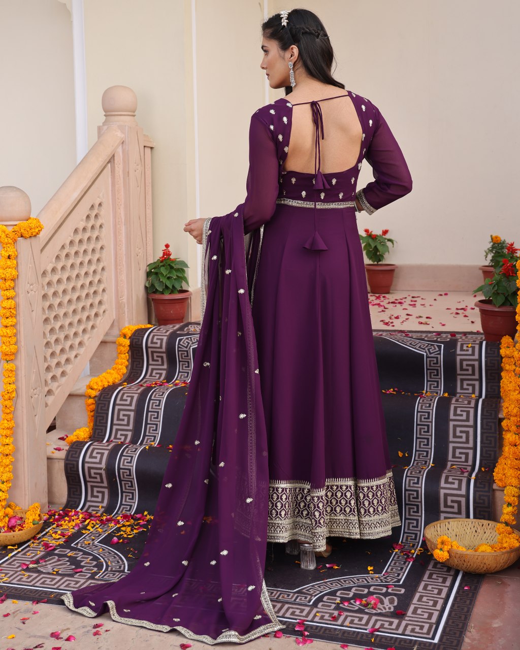 Wedding Wear Purple Georgette Anarkali Suit Set with Dupatta