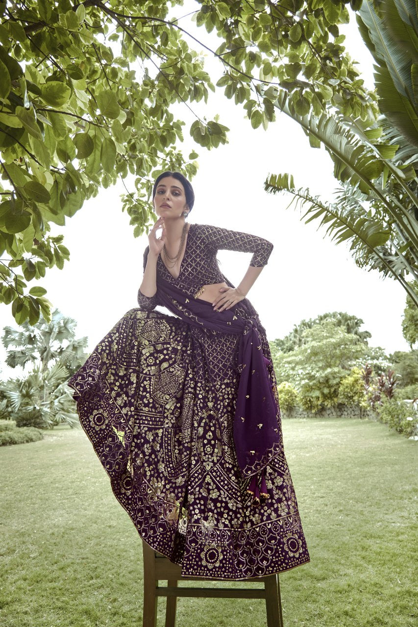 Regal Purple Zari Embellished Festive & Wedding Wear Semi-Stitched Silk Lehenga Choli with Heavy Dupatta Work
