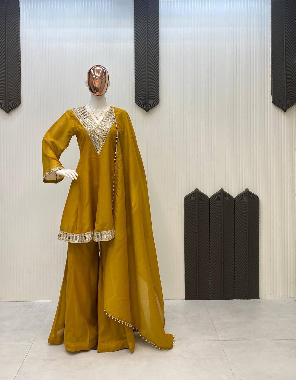 Premium Silk Kurti Set for Women | Designer Real Mirror Work Kurti with Silk Pant & Handwork Dupatta | Wedding, Festive & Party Wear Collection&nbsp (K)-1011