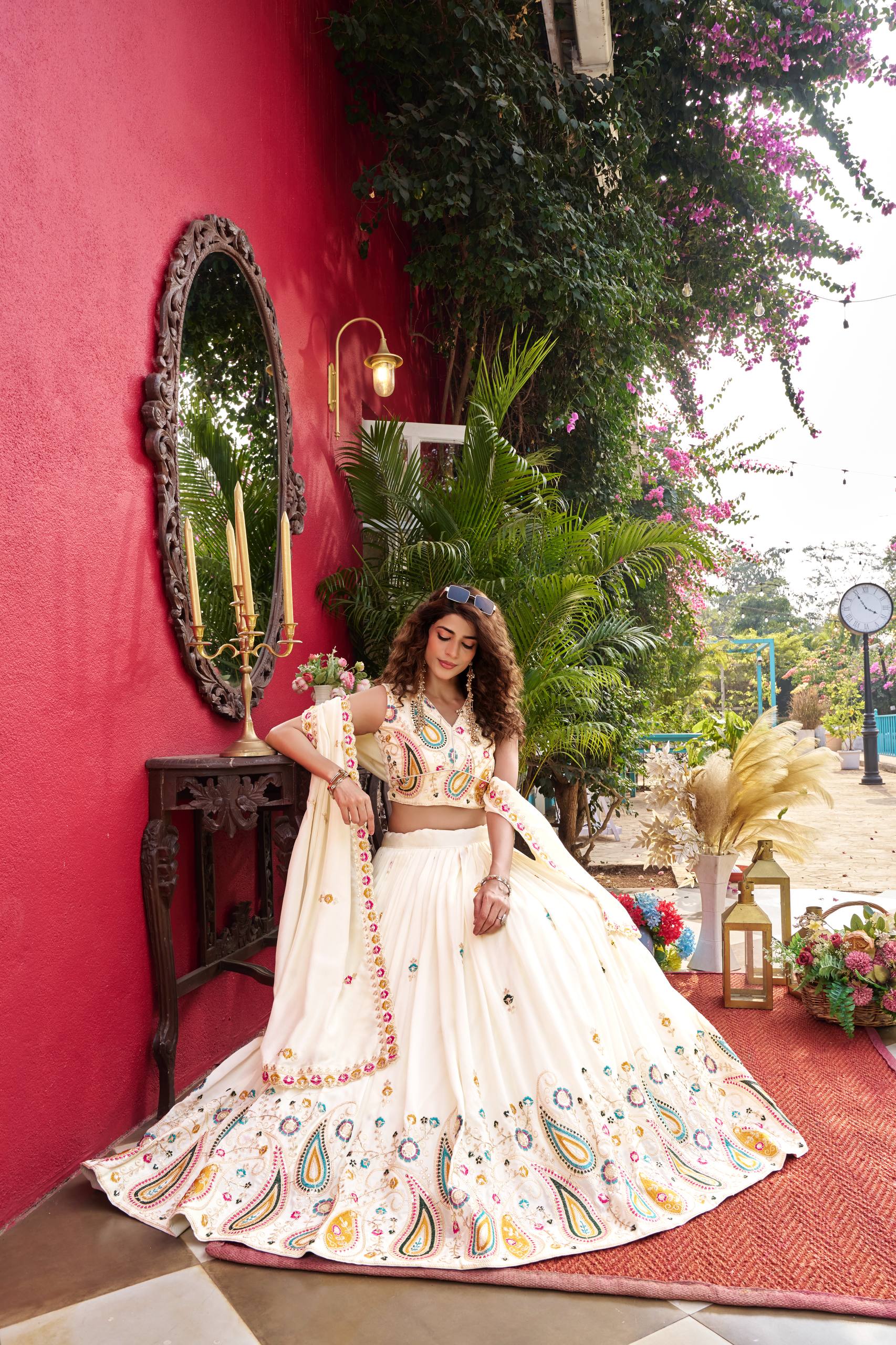 Wedding Collection Vichitra Lehenga Choli with Heavy Cording Embroidery Work - Fully Stitched