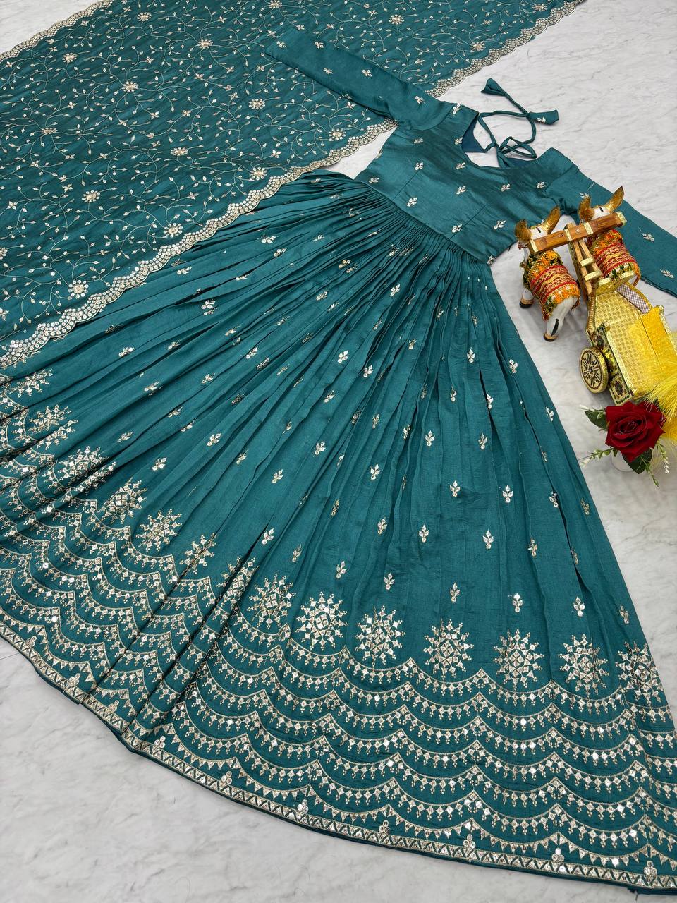 New Festival Collection Vichitra Silk Long Gown with Heavy Sequence Embroidery Dupatta - Fully Stitched