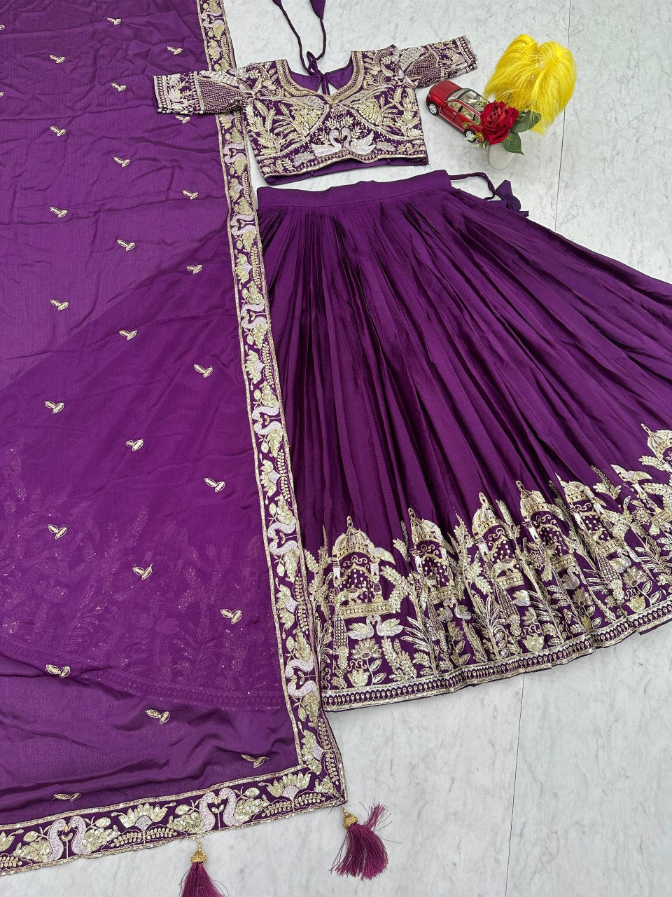 New Festival Chinon Lehenga Choli with Heavy Embroidered Dupatta - Fully Stitched