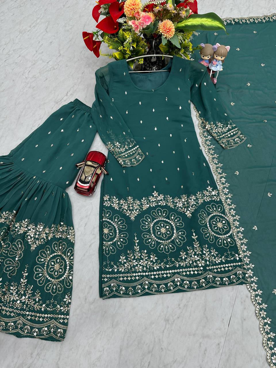 Designer Party Wear Embroidered Sharara Suit Set with Heavy Sequence Work - Fully Stitched