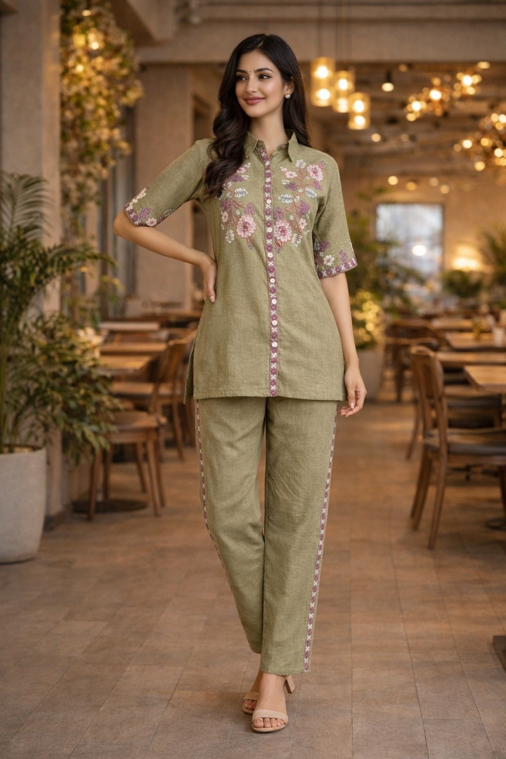 Women's Cotton Embroidered Co-Ord Set with Shirt Collar Top and Pant - Fully Stitched