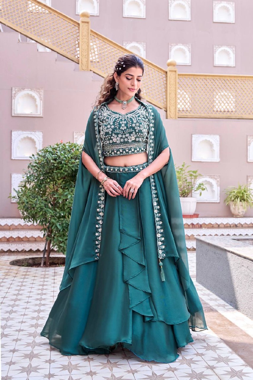 Wedding Special Pure Rangoli Silk Lehenga Choli with Shrug Style Dupatta - Fully Stitched