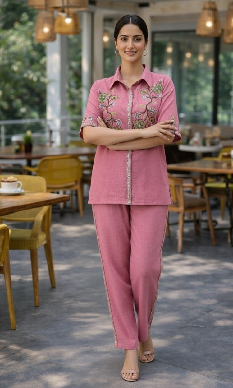 Women's Cotton Embroidered Co-Ord Set with Shirt Collar Top and Pant - Fully Stitched