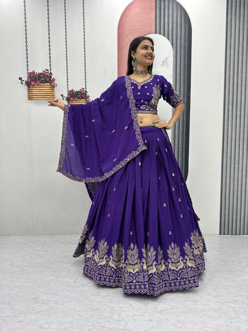 New Festival Chinon Lehenga Choli with Elegant Embroidered Dupatta - Fully Stitched