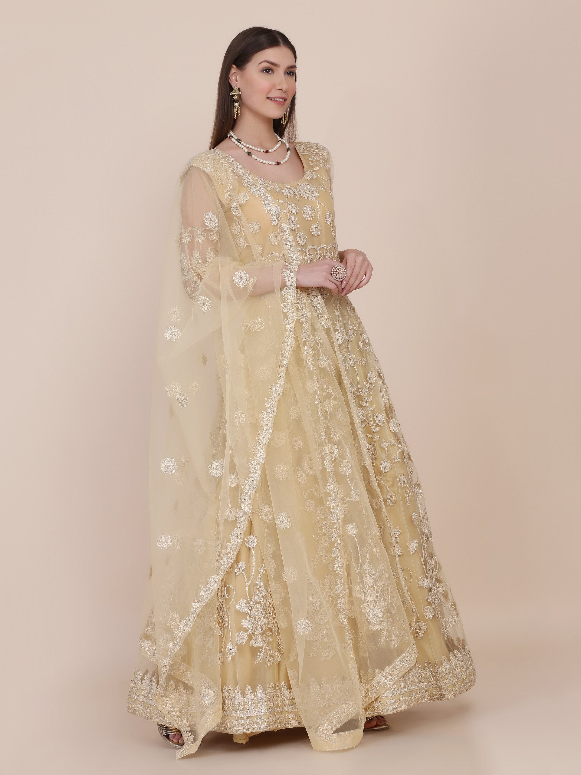 Wedding Wear Cream Net Anarkali Suit Set with Embroidered Dupatta