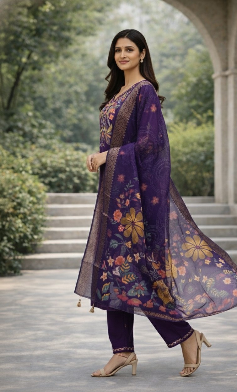 Designer Cotton Silk Embroidered Kurti Pant Set with Digital Print Dupatta - Fully Stitched
