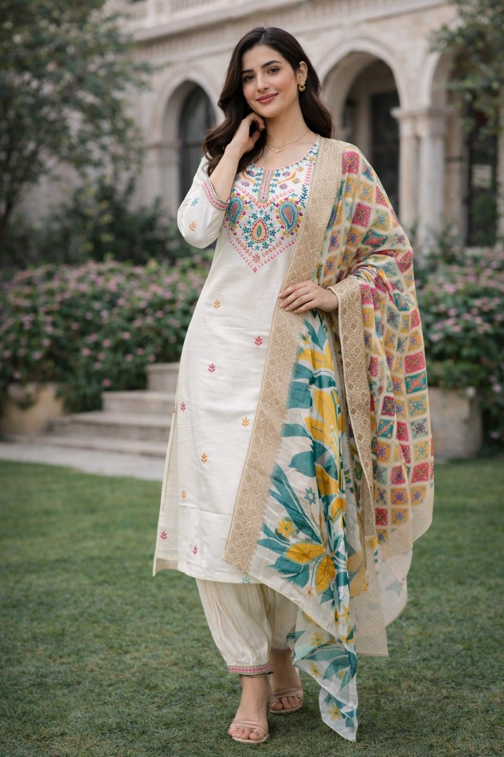 Designer White Embroidered Kurti Pant Set with Digital Print Dupatta - Fully Stitched