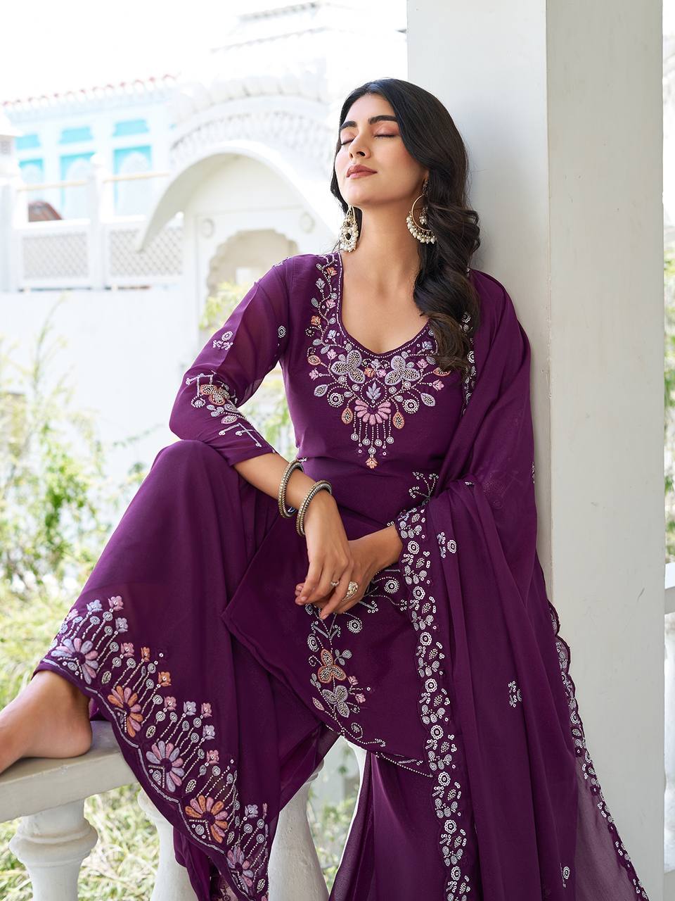 Designer Star Georgette Kurti Palazzo Set with Heavy Moti and Sequence Embroidery Work- Fully Stitched