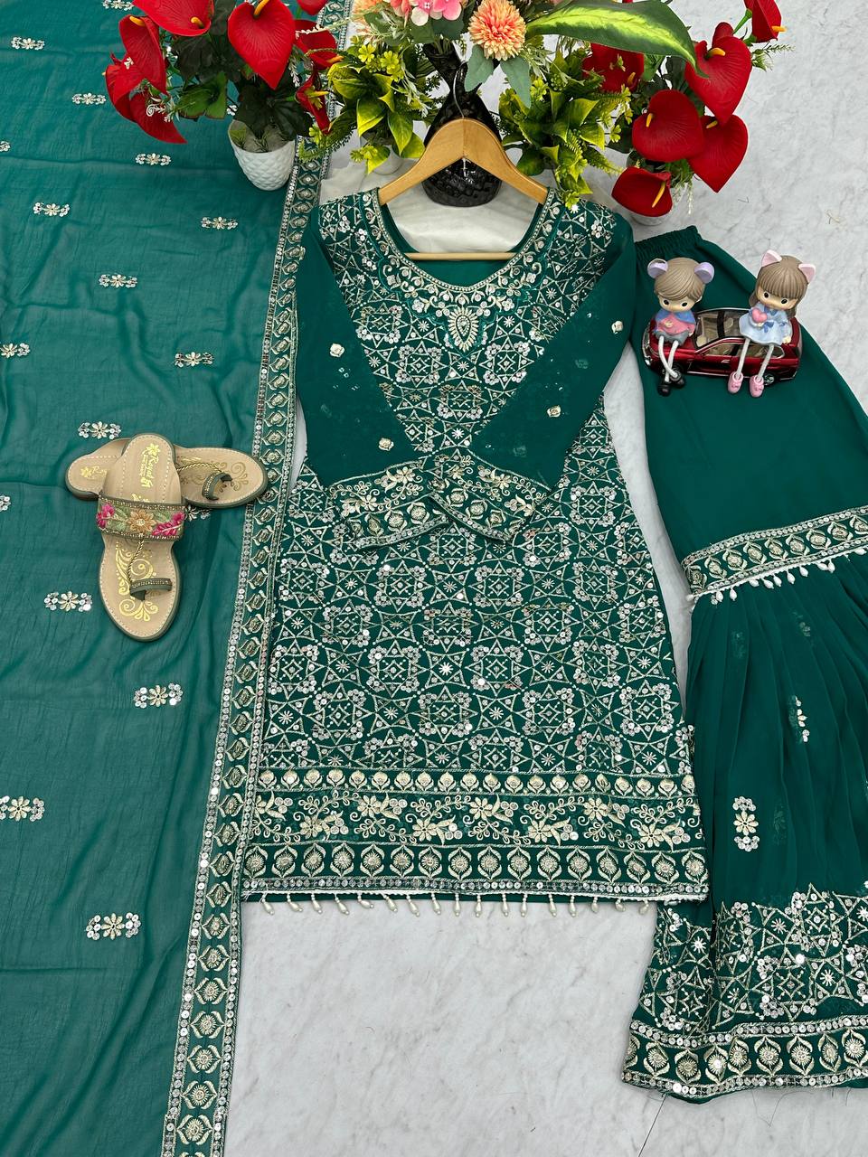 Designer Party Wear Embroidered Sharara Suit Set with Dupatta - Fully Stitched