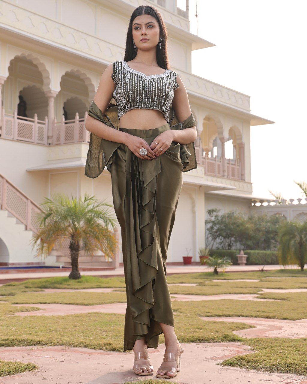 Premium Mehendi Satin Silk Indo-Western Drape Skirt Set with Embroidered Top and Shrug- Fully Stitched