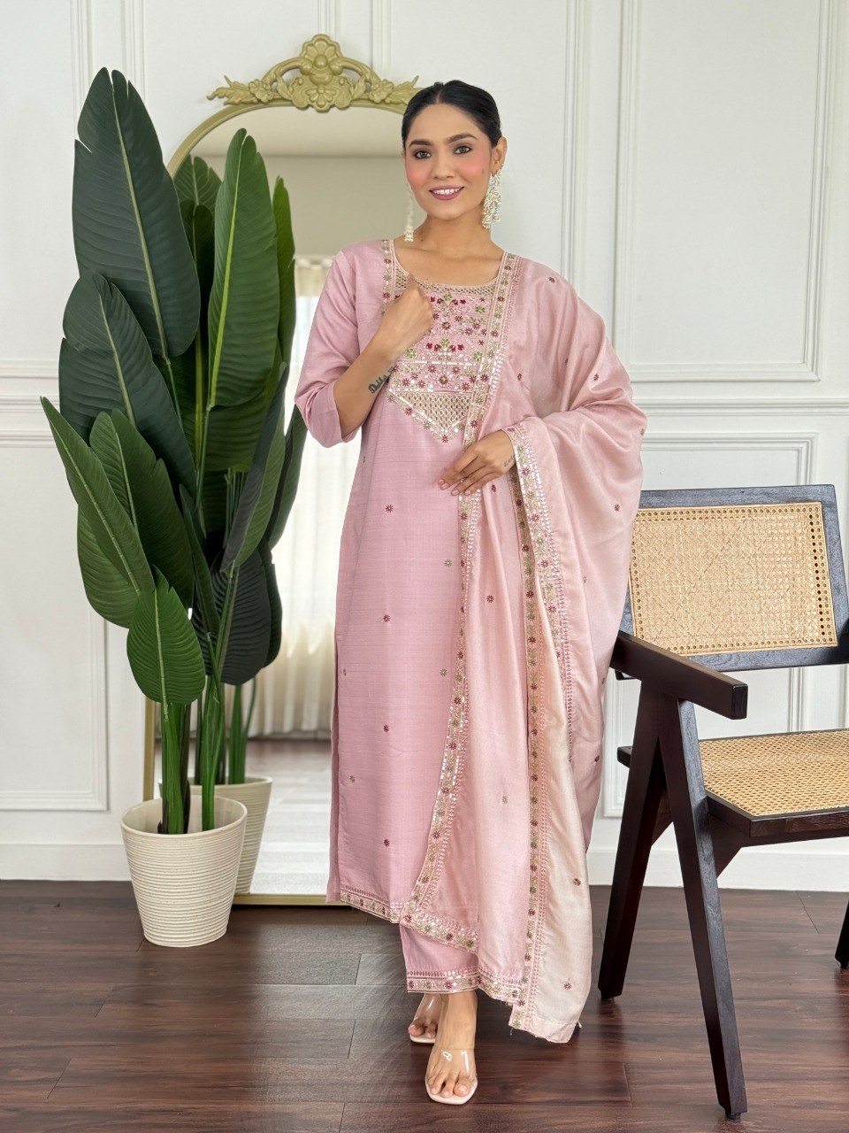 Stylish PV Chanderi Embroidered Kurta Pant Set with Silk Dupatta for Party Wear - Fully Stitched
