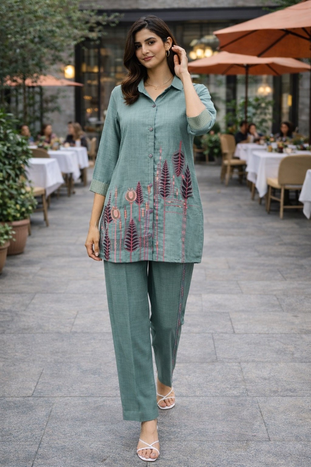 Women's Poly Linen Cotton Embroidered Co-Ord Set with Shirt Collar Top and Pant - Fully Stitched