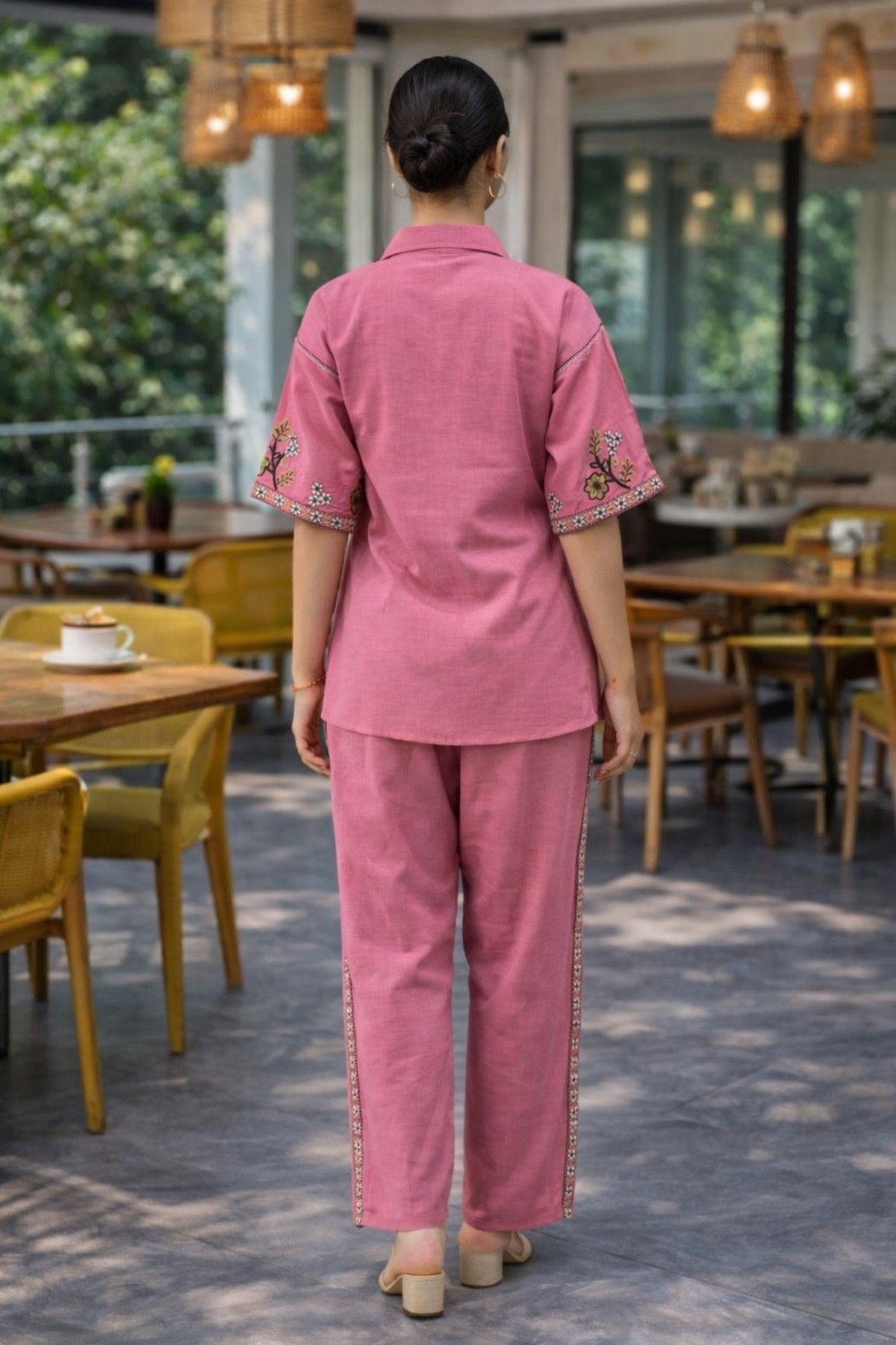 Women's Cotton Embroidered Co-Ord Set with Shirt Collar Top and Pant - Fully Stitched