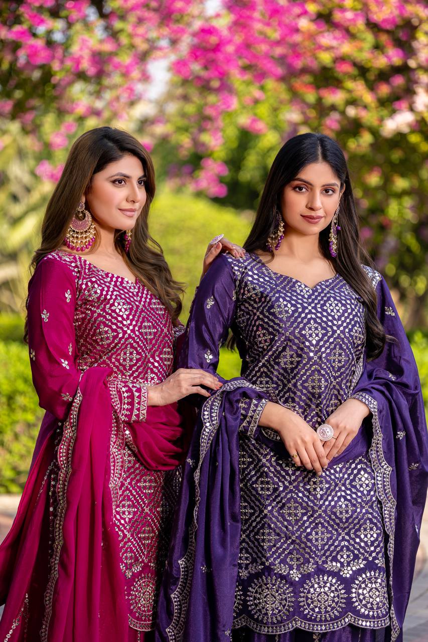 Designer Party Wear Chinon Kurti Palazzo Set with Embroidery Sequence Work- Fully Stitched
