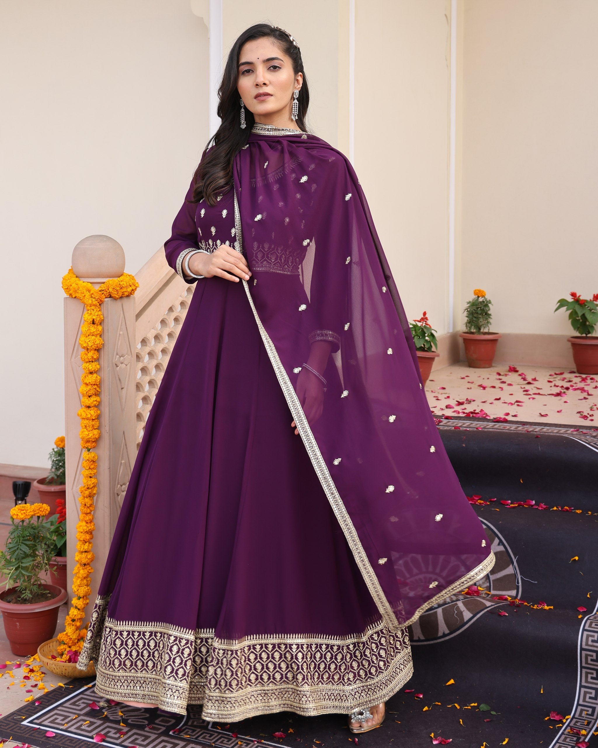Wedding Wear Purple Georgette Anarkali Suit Set with Dupatta