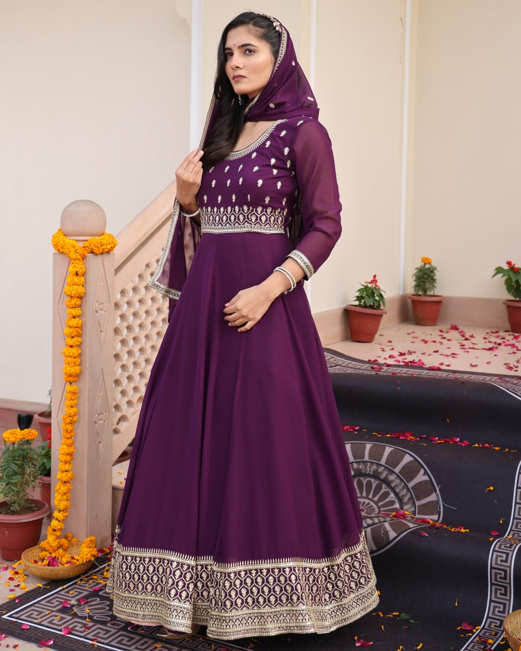 Wedding Wear Purple Georgette Anarkali Suit Set with Dupatta
