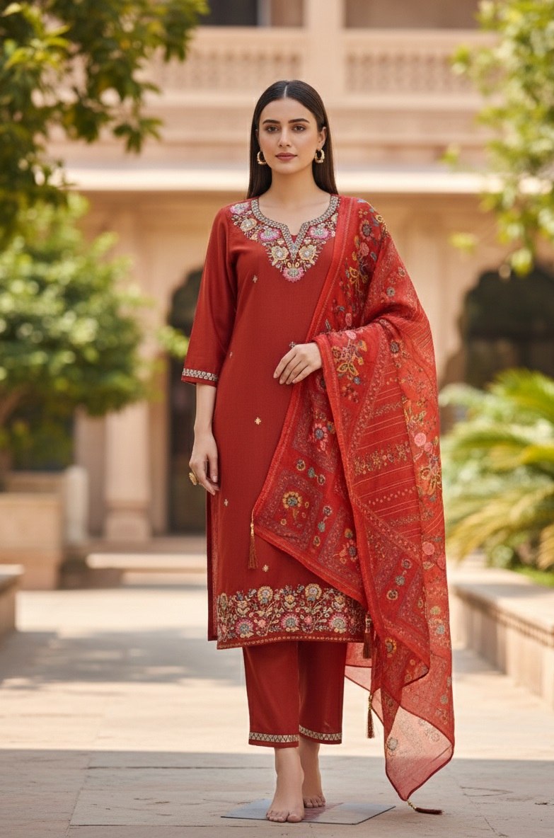 Designer Orange Embroidered Cotton Silk Kurti Pant Set with Digital Print Dupatta - Fully Stitched