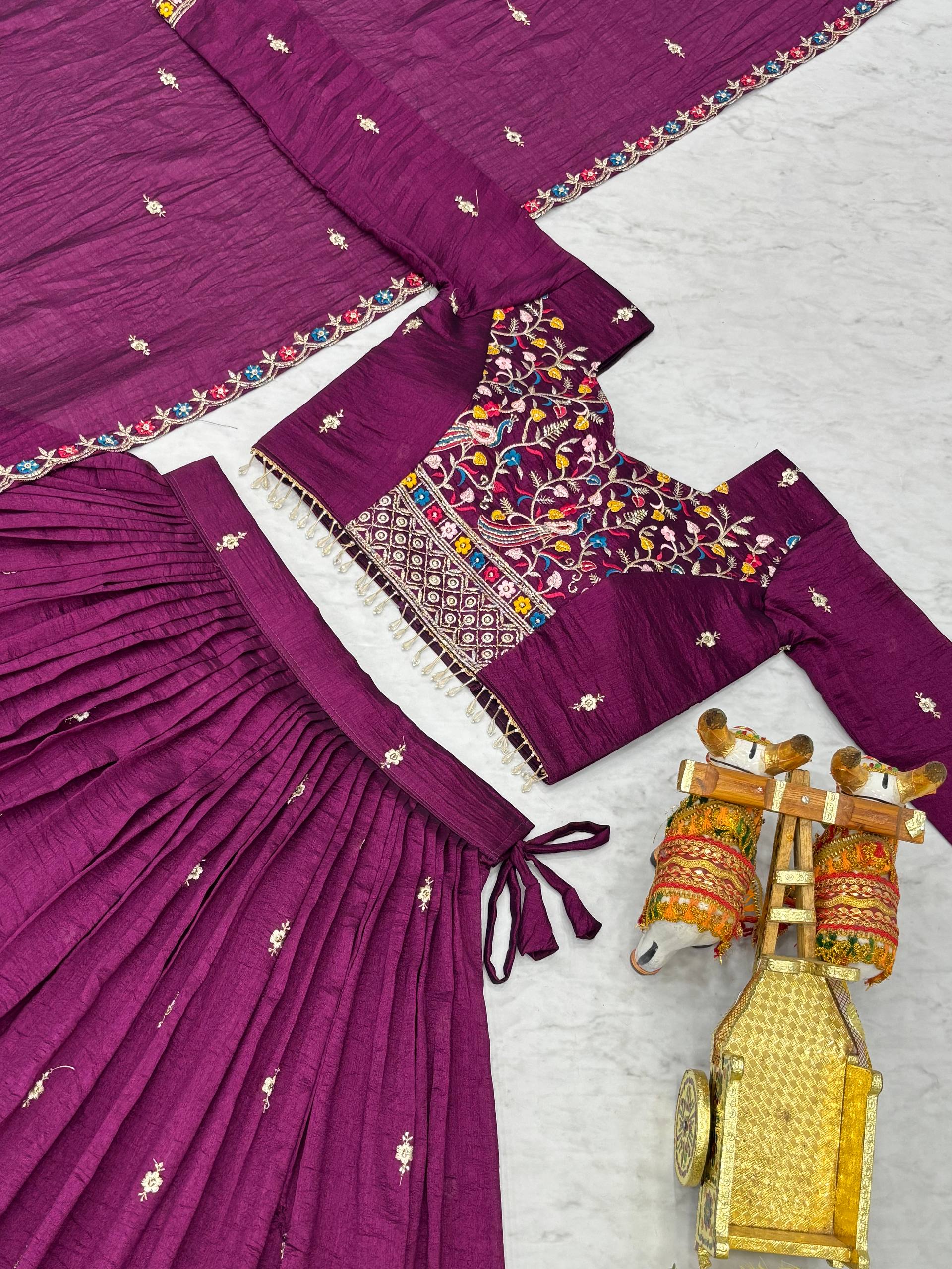 Wedding Collection Vichitra Silk Lehenga Choli with Heavy Embroidery Sequence and Beads Work - Fully Stitched