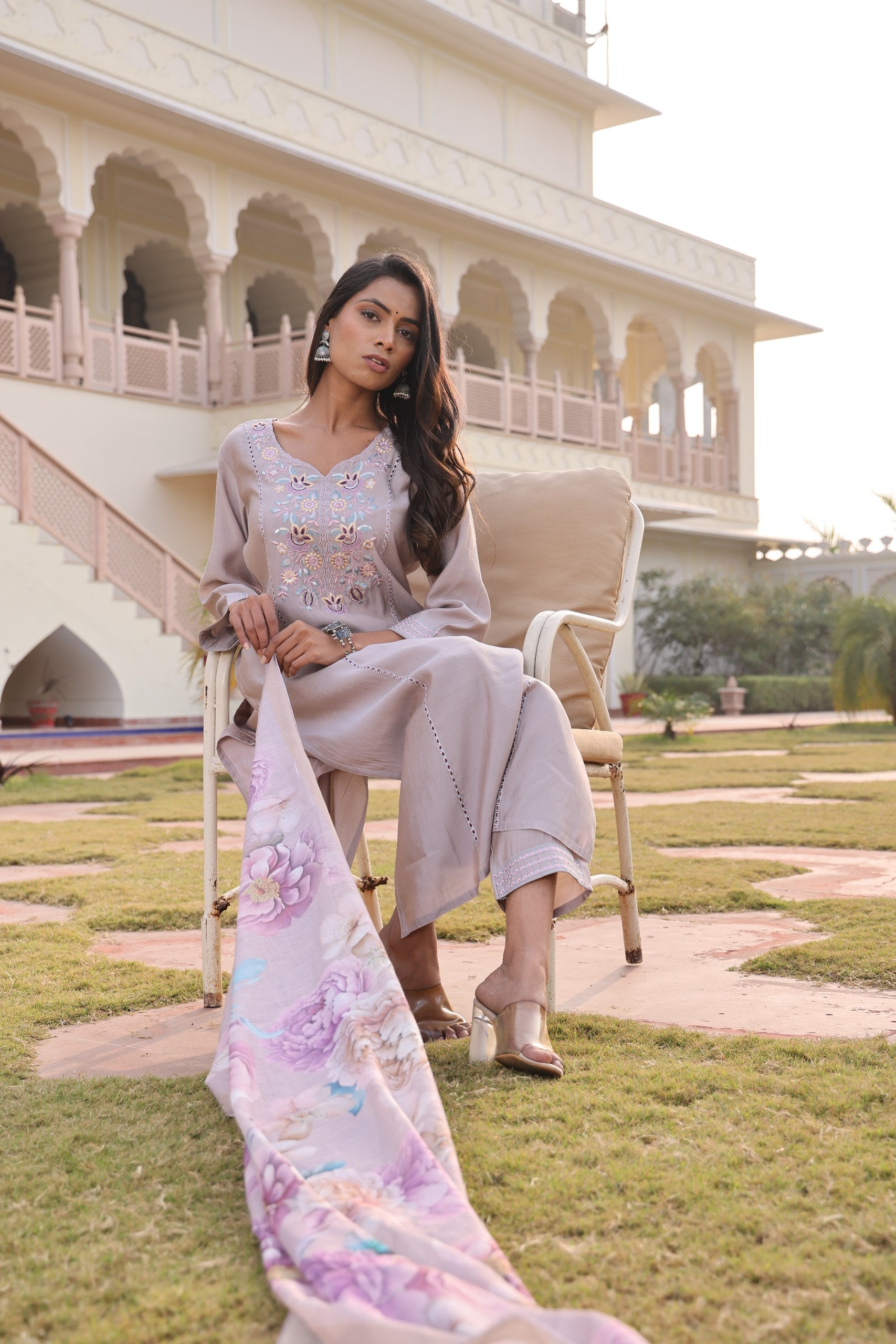 Designer Beige Embroidered Kurti Pant Set with Digital Print Dupatta - Fully Stitched