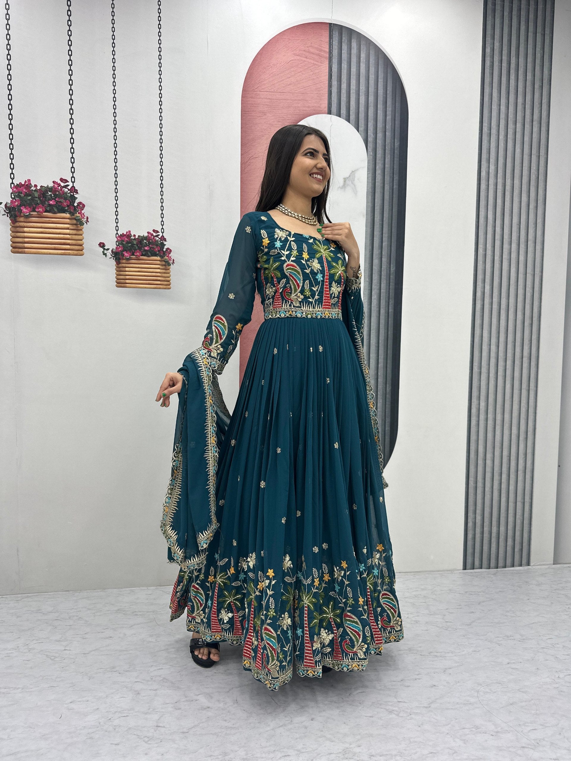 Designer Fox Georgette Embroidered Gown with Dupatta -  Fully Stitched