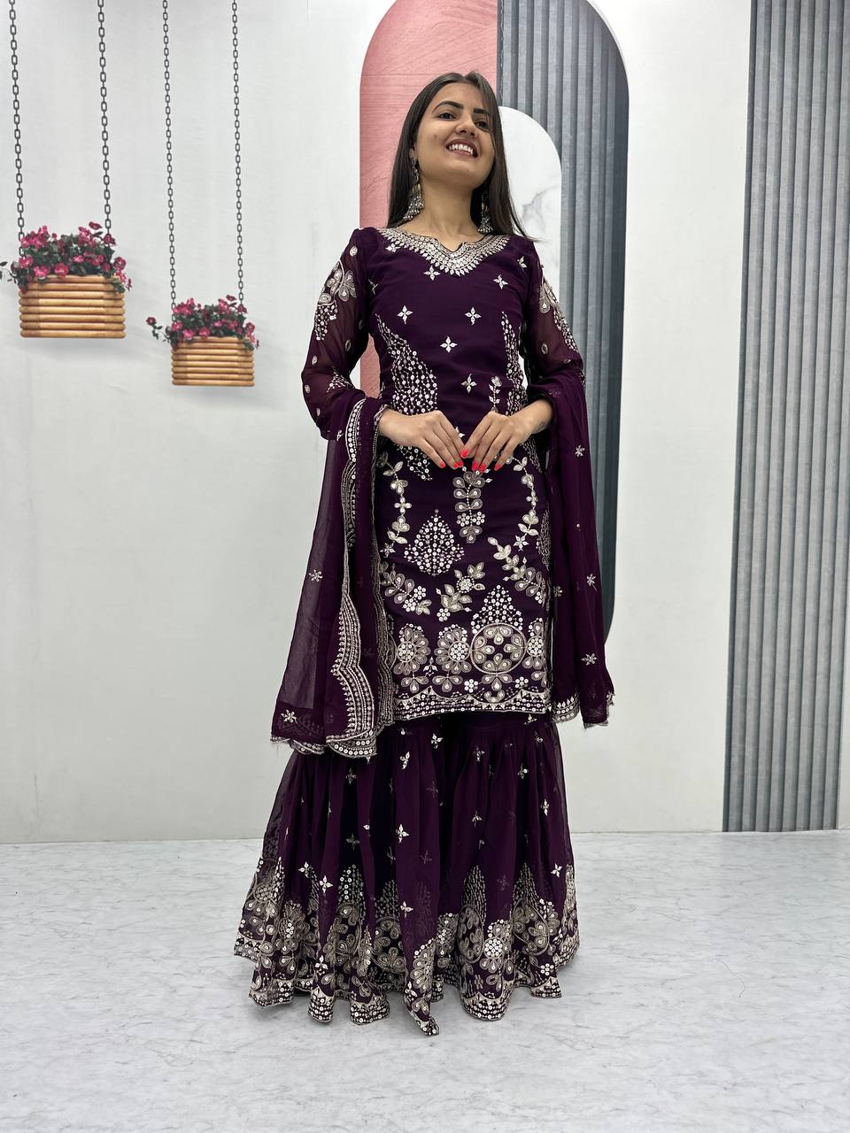 Designer Party Wear Embroidered Sharara Suit Set with Dupatta - Fully Stitched