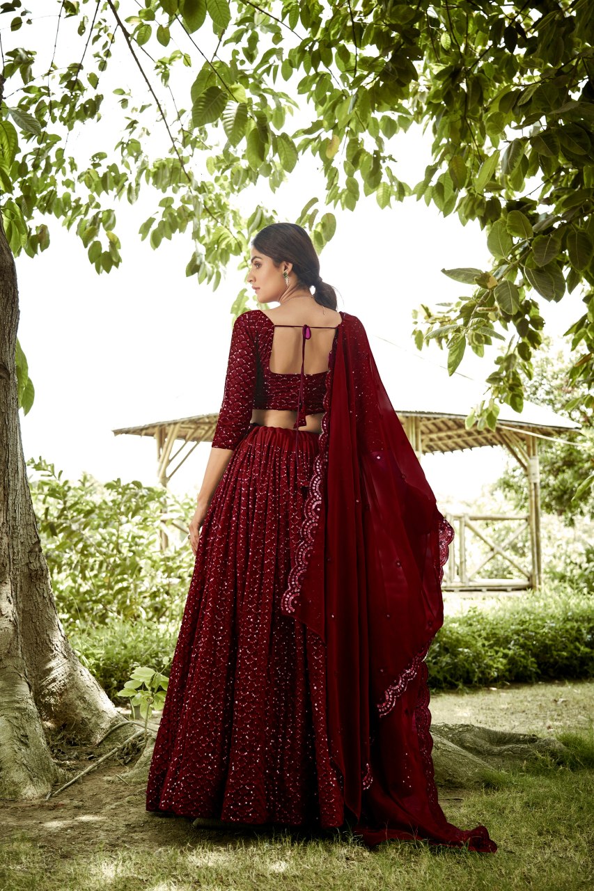 Maroon Sequin Embroidered Semi-Stitched Wedding & Festive Wear Georgette Lehenga Choli with Border Work