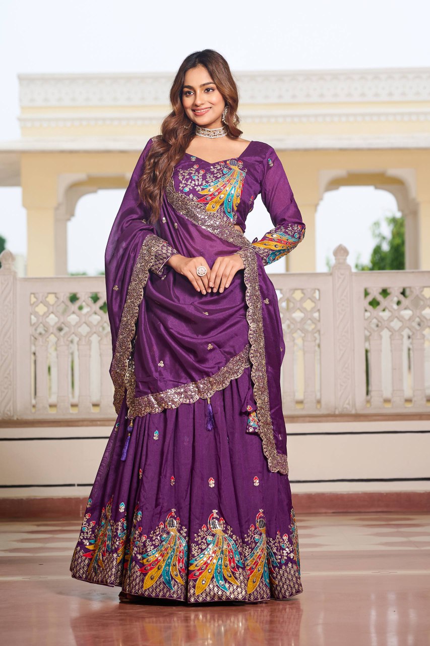 Festival Collection Vichitra Lehenga Choli with Heavy Embroidery and 3MM Sequence Work  - Fully Stitched (