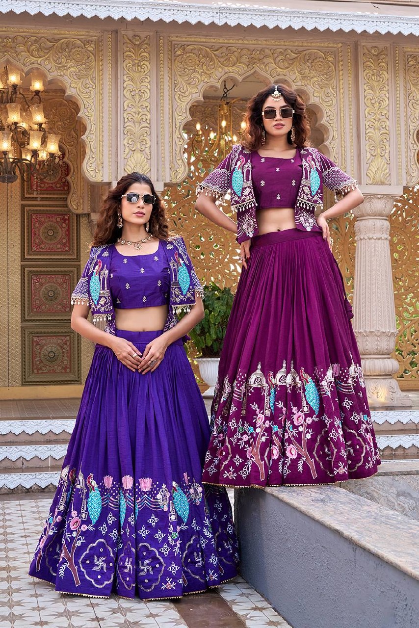 Festival Collection Pure Vichitra Lehenga Choli with Embroidered Koti - Fully Stitched