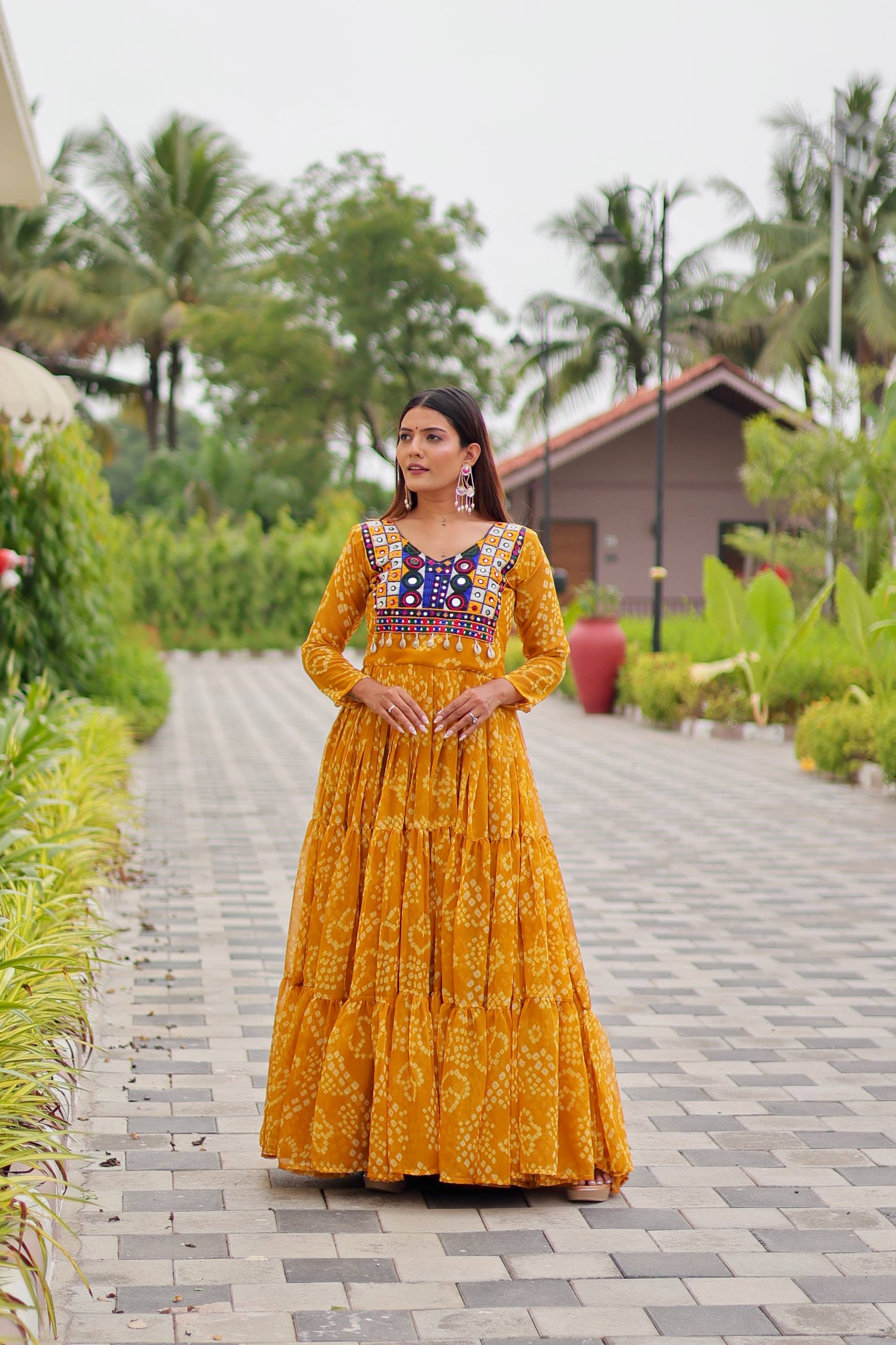 Navratri Special Faux Georgette Gown with Kodi Lace and Real Mirror Work - Fully Stitched