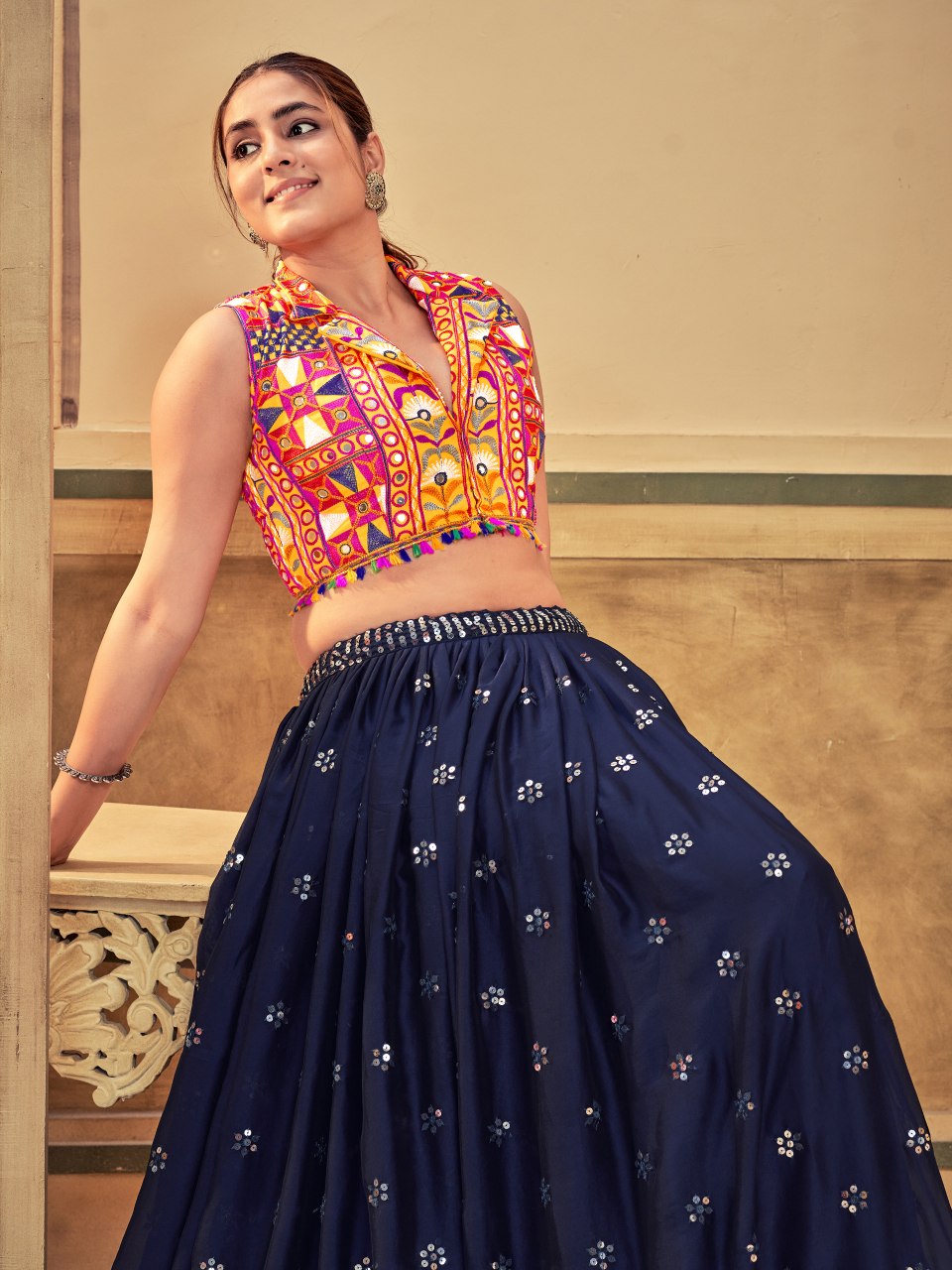 Navratri Special Blue Rangoli Silk Chaniya Choli with Embroidered Lehenga