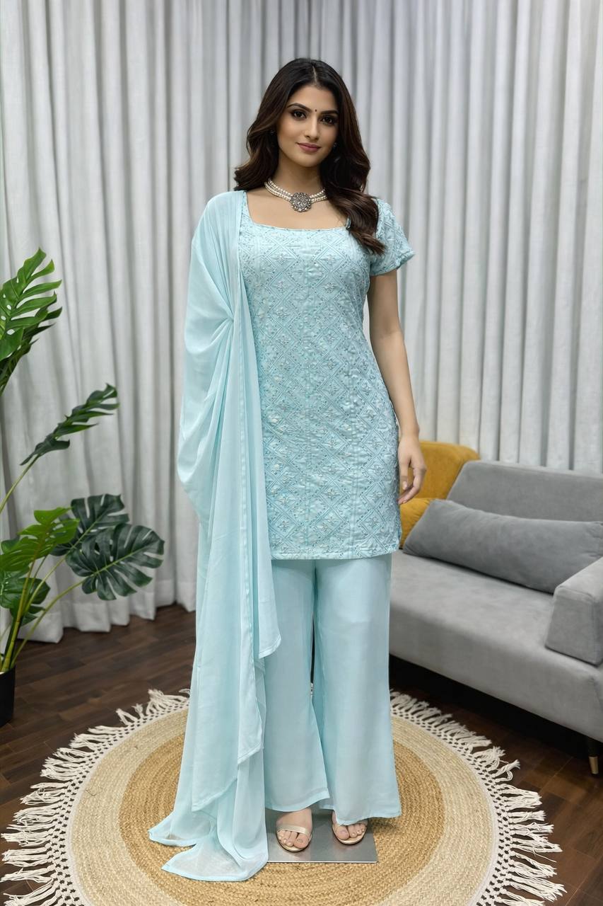 NEW DESIGNER HEAVY FUAX GEORGETTE SHARARA SUIT SET