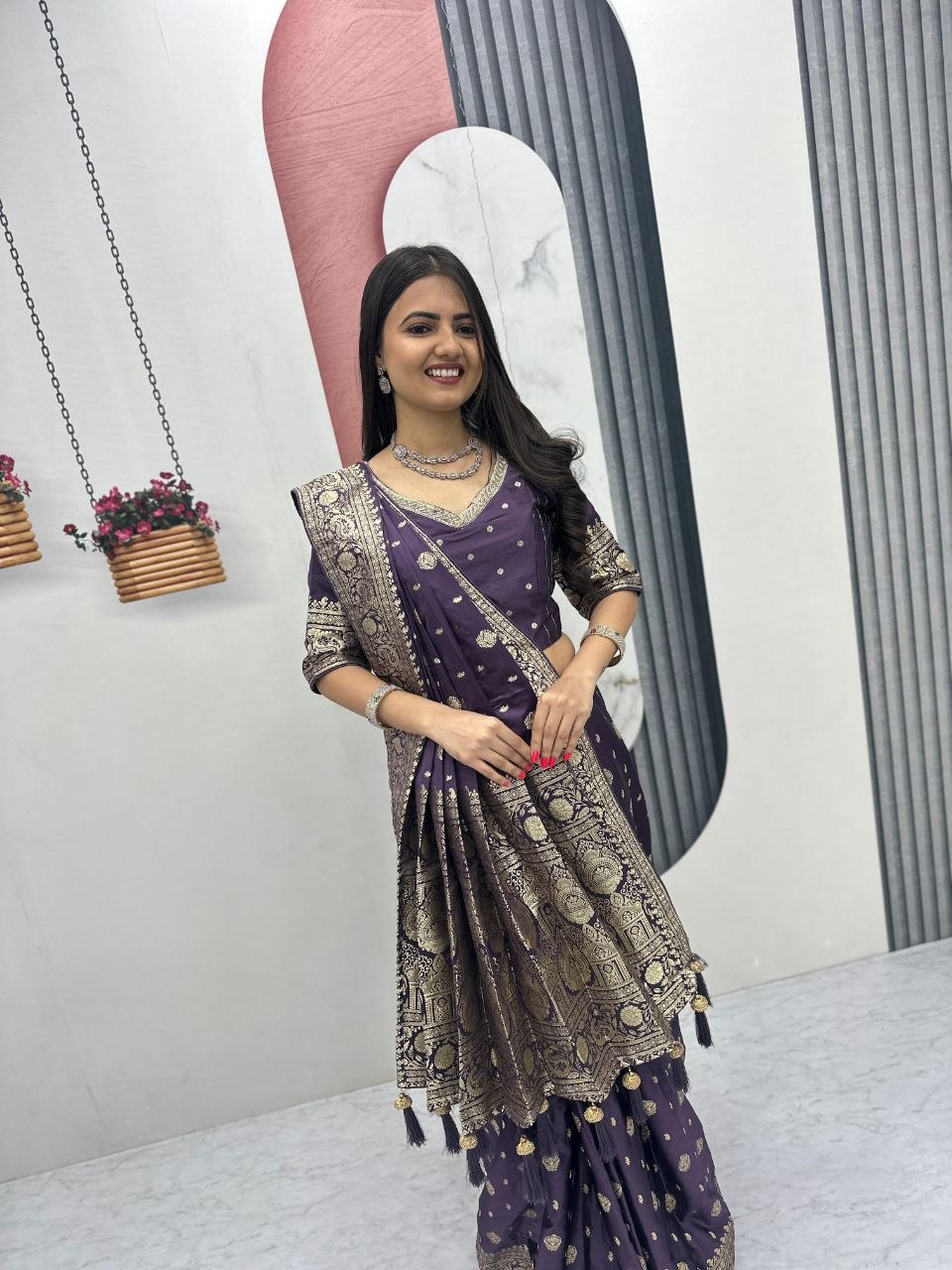 Festival Collection Pure Silk Ready-Made Patli Saree with Heavy Zecard Work - Ready-Made Patli