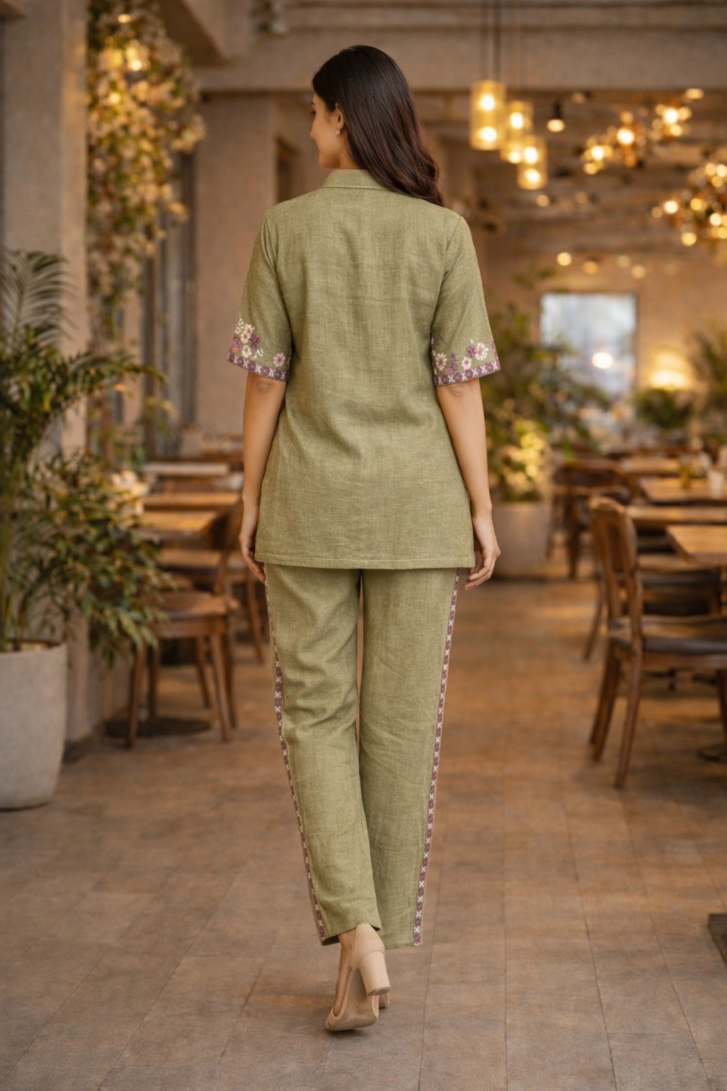 Women's Cotton Embroidered Co-Ord Set with Shirt Collar Top and Pant - Fully Stitched