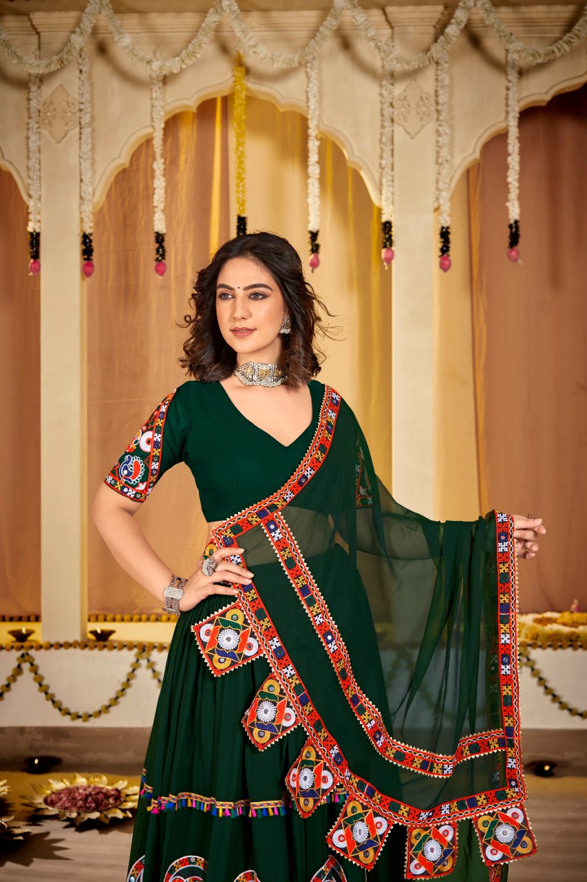 Navratri Special Green Georgette Chaniya Choli with Traditional Kutchi Mirror Work