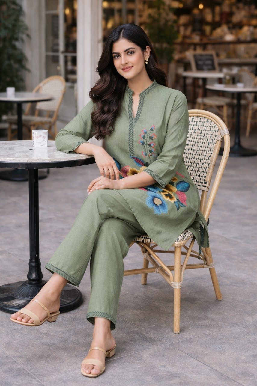 Women's Poly Linen Cotton Embroidered Co-Ord Set with Collar Neck Top and Pant - Fully Stitched