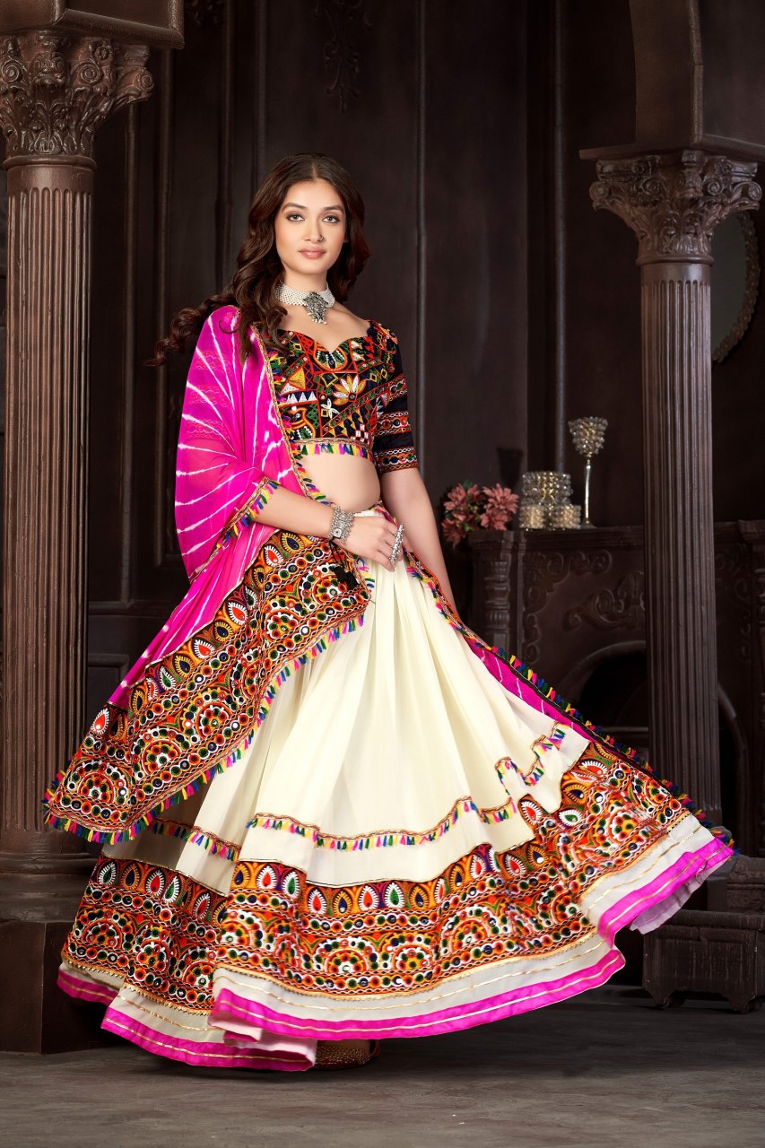 Navratri Special Off-White Georgette Chaniya Choli with Traditional Kutchi Mirror Work