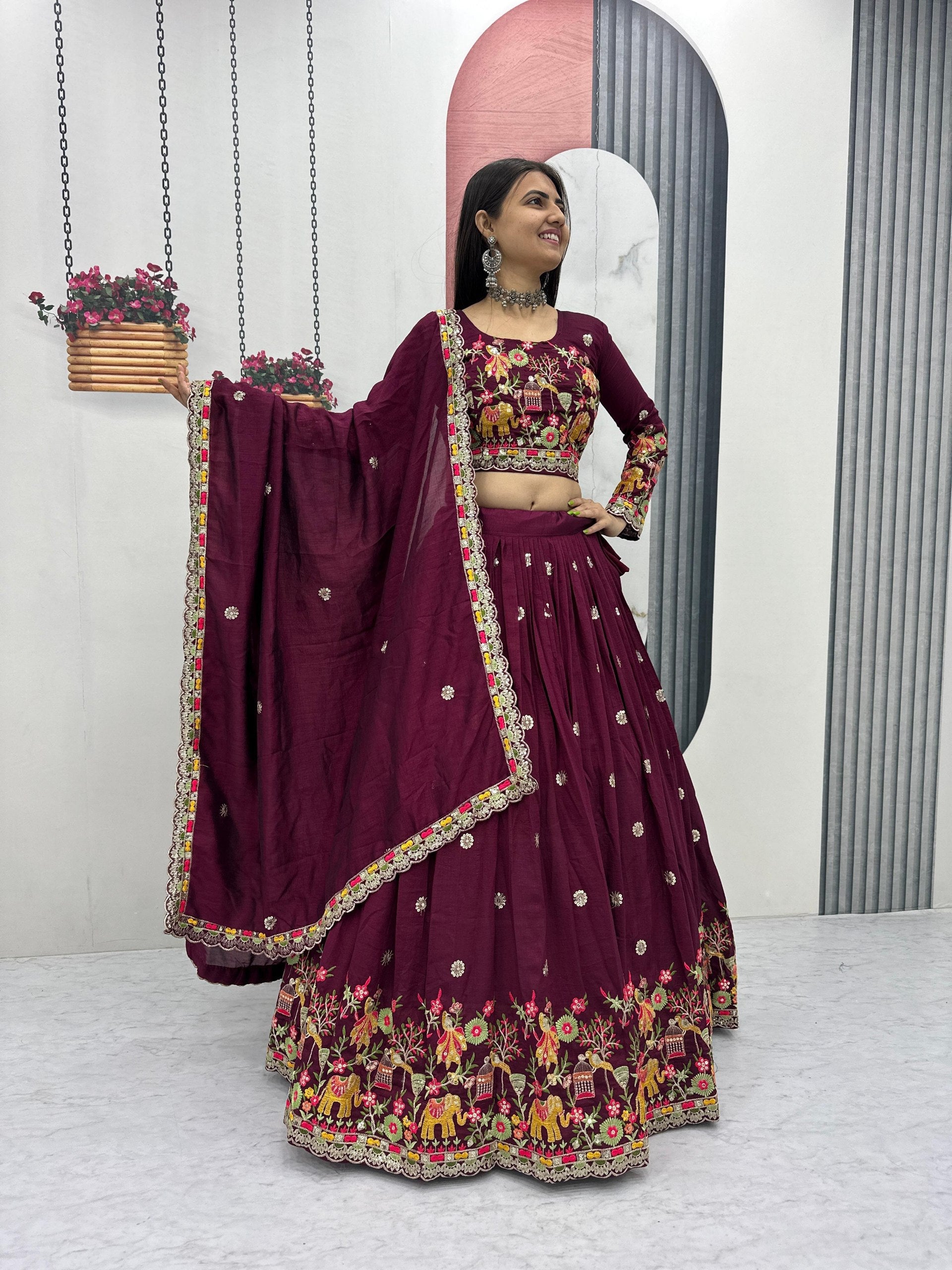 Designer Chinon Lehenga Choli with Embroidery Coding Thread Work - Fully Stitched