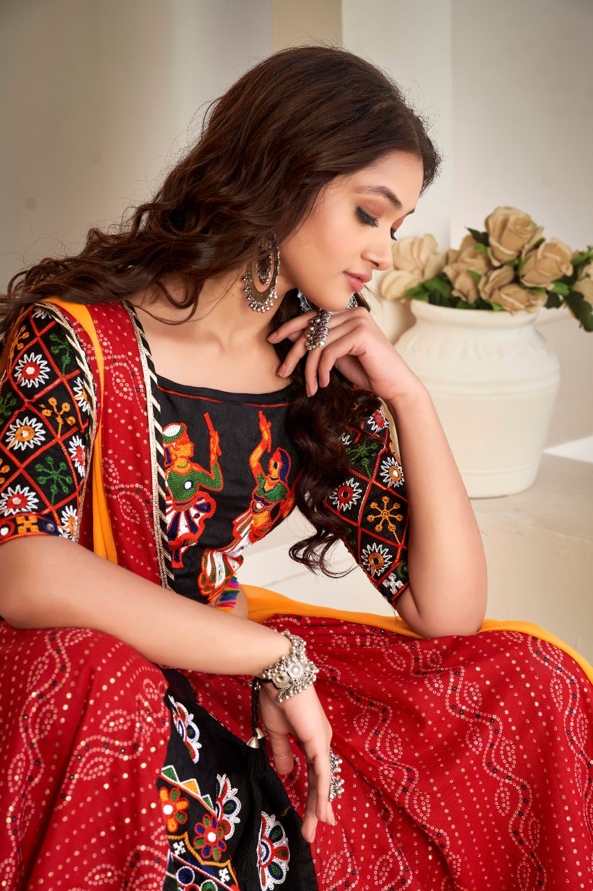 Navratri Special Red Bandhani Chaniya Choli with Mirror Work