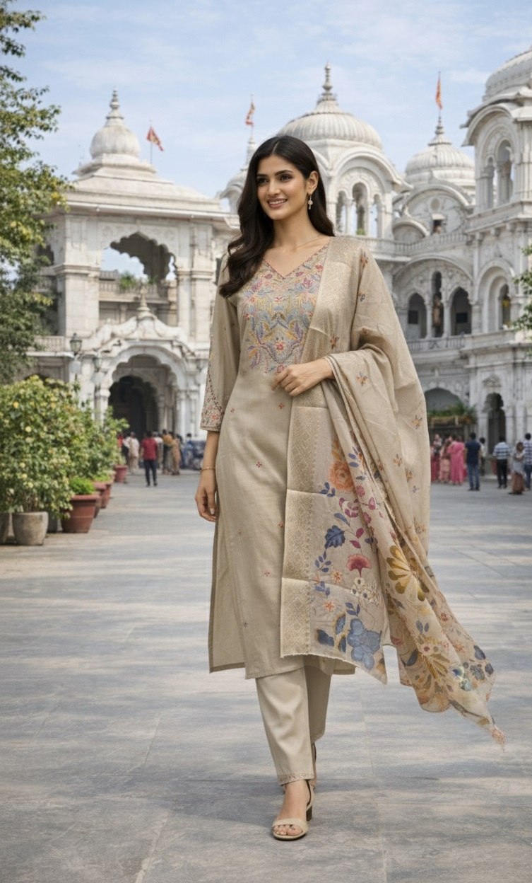 Designer Cotton Silk Embroidered Kurti Pant Set with Digital Print Dupatta - Fully Stitched