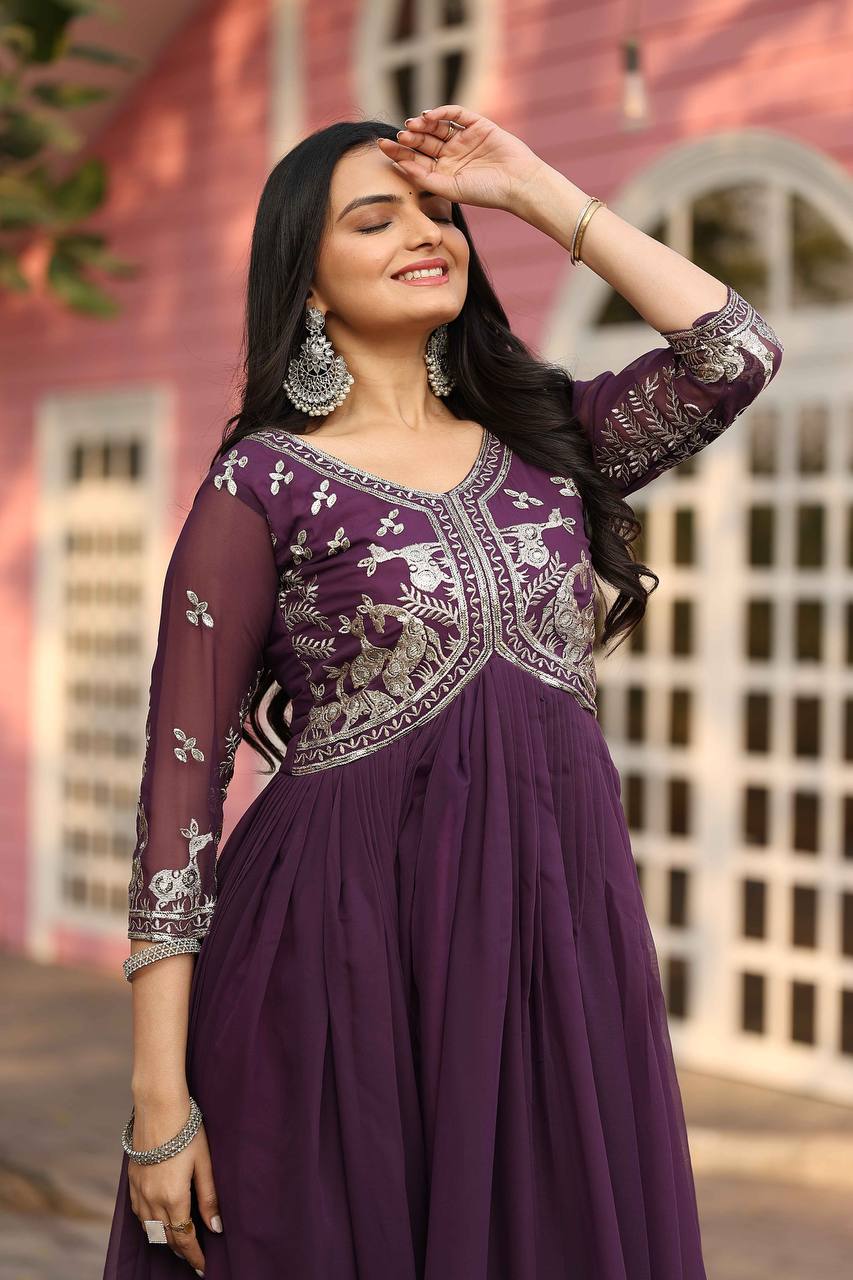New Festival Collection Fox Georgette Long Gown with Heavy 3MM Sequence Work - Fully Stitched
