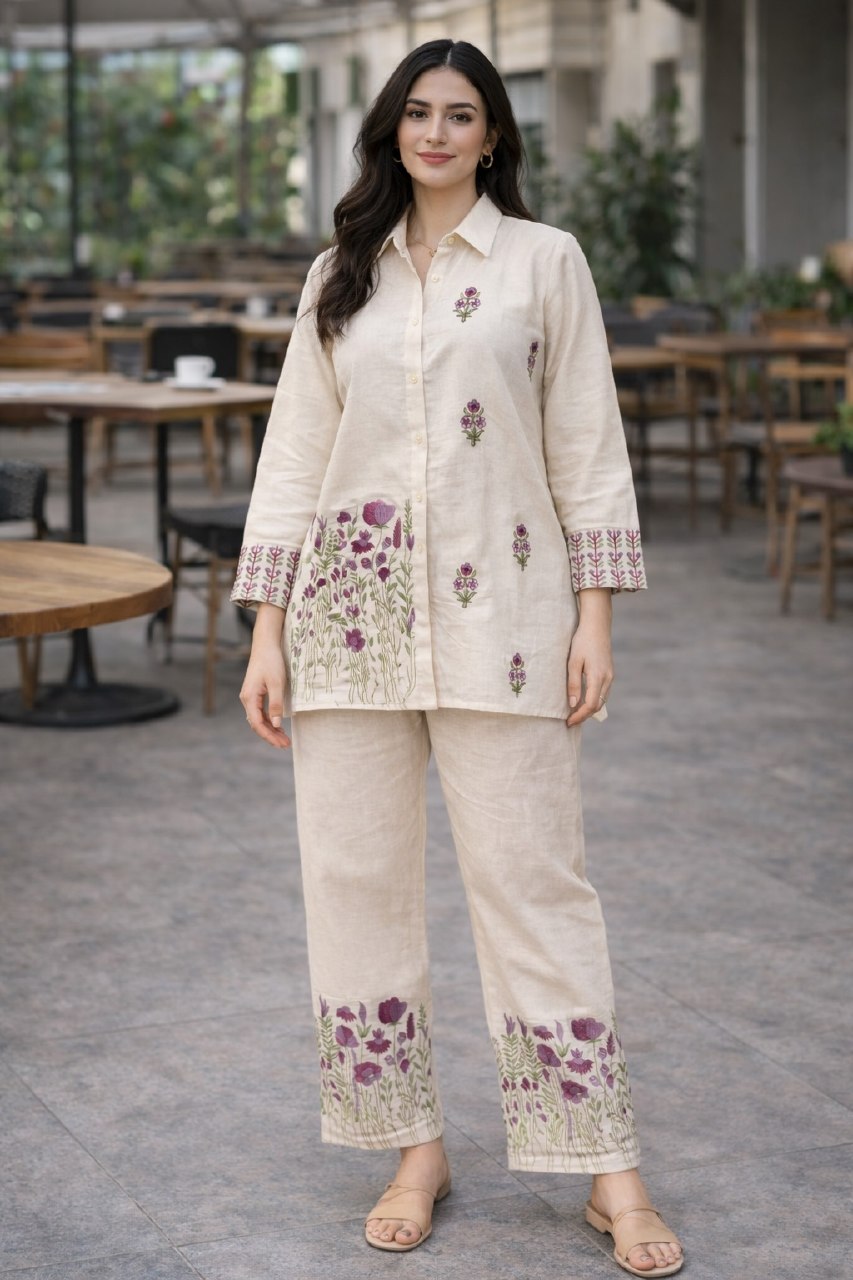 Women's Pure Cotton White Embroidered Co-Ord Set with Shirt Collar Top and Pant - Fully Stitched
