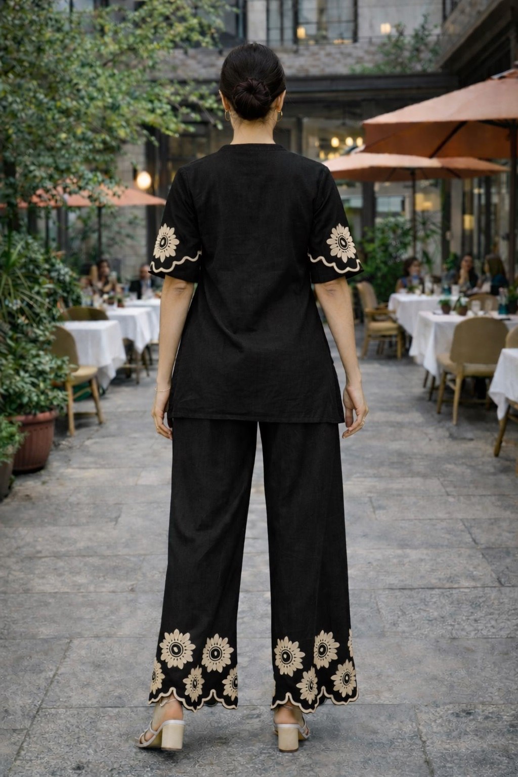 Women's Cotton Embroidered Chain Stitch Co-Ord Set with V-Neck Top and Pant - Fully Stitched