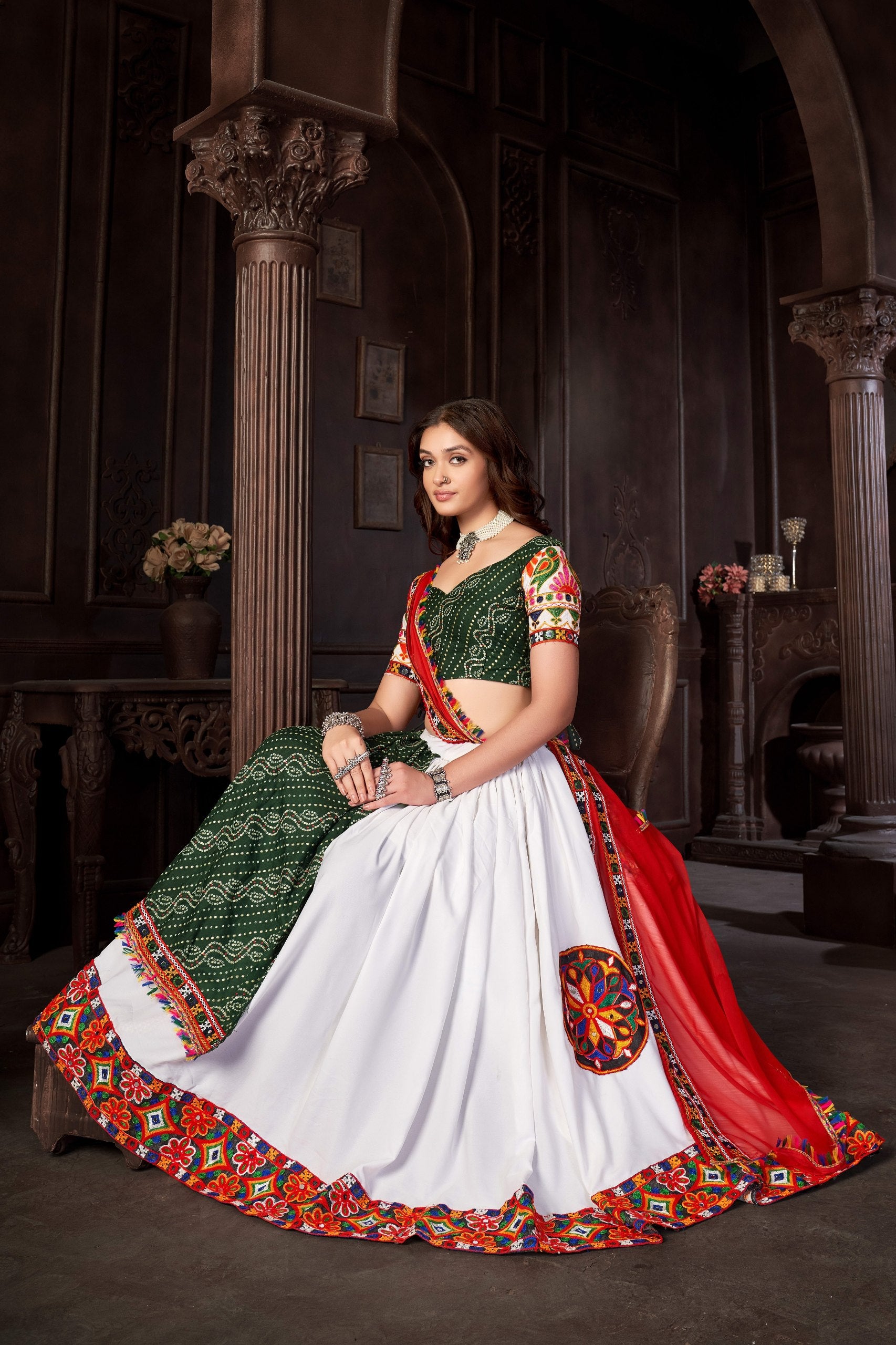 Navratri Special White Cotton Silk Chaniya Choli with Traditional Kutchi Mirror Work