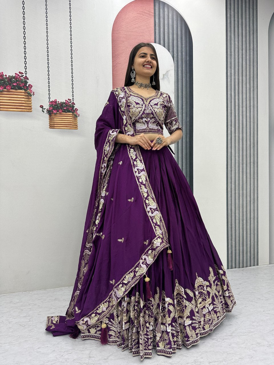 New Festival Chinon Lehenga Choli with Heavy Embroidered Dupatta - Fully Stitched